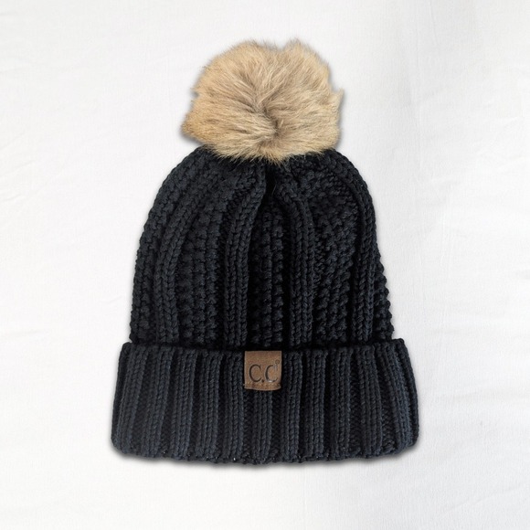 C.C Accessories - C.C. Exclusives Black Cable Knit Beanie Hat with Faux Fur Pom Pom Winter
